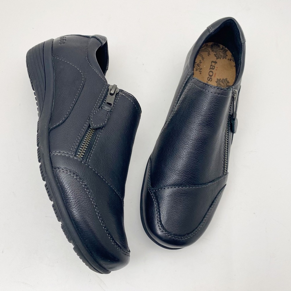 Taos Footwear Black Leather Slip-On Loafers with Side Zips